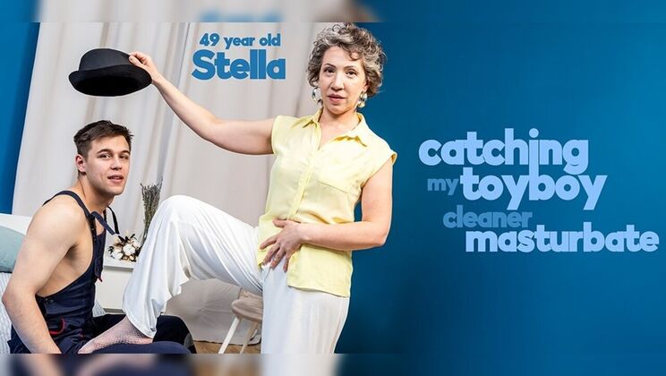 [Mature.nl] - Naughty mature woman in bra and thong catches young man jerking off and demands tit sucking - Stella V. - Karll